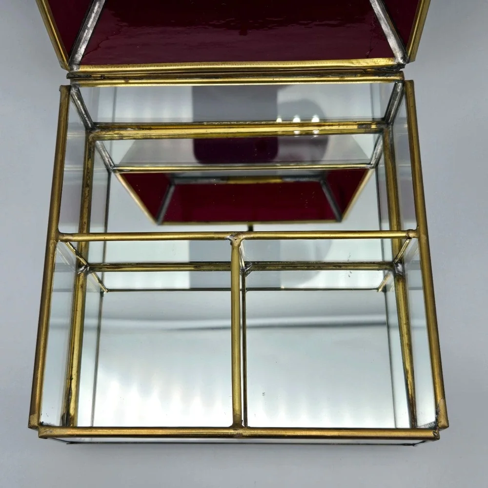 Vtg Glass & Brass Domed Jewelry Box Red Clear Casket Mirrored Bottom Beveled Top